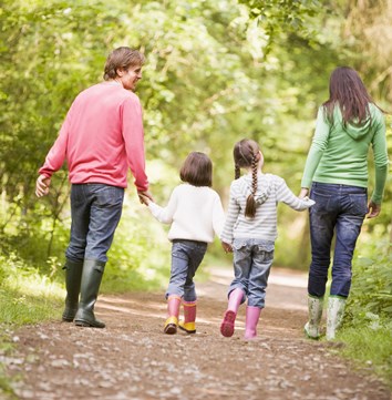 Family walking in woods